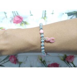 Breast Cancer Awareness Pink Ribbon Adjustable Charm Bracelet Silver Tone